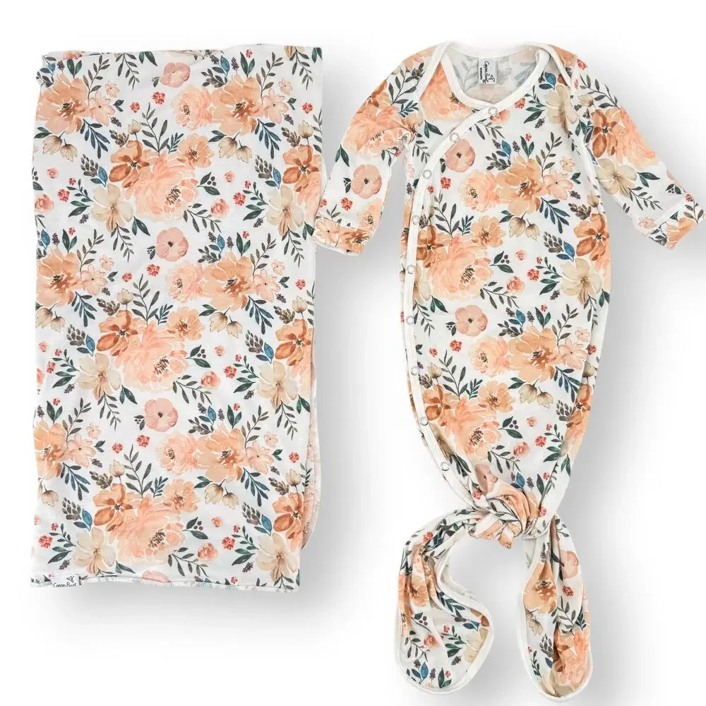 Copper Pearl Autumn Floral Print Knit Swaddle Blanket Knotted Gown Lot Newborn